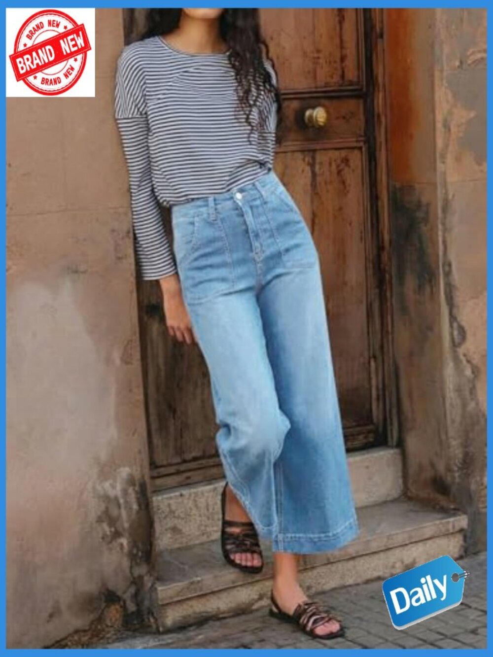 High Waisted Baggy Wide Leg Cropped Jeans Stretchy Denim Pants - Picture 3 of 7